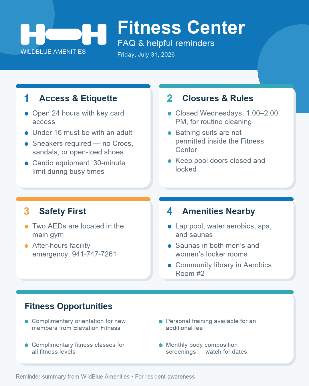 WildBlue Fitness Center FAQ infographic