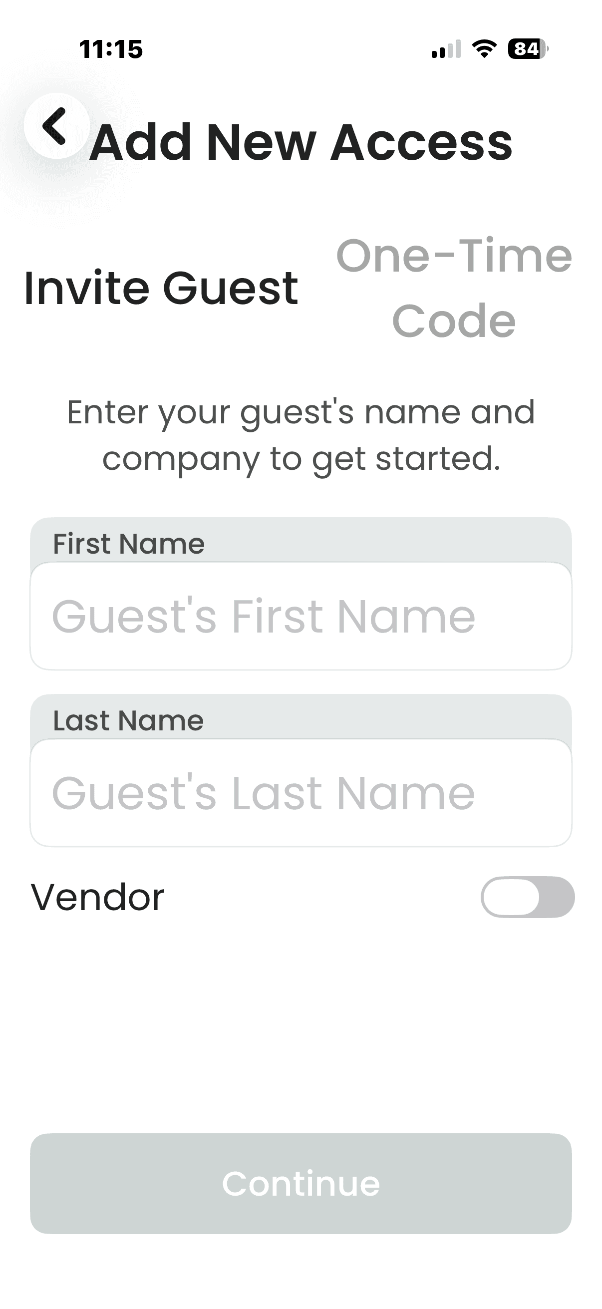 SAGE Add New Access screen for entering a guest name and marking the visitor as a vendor