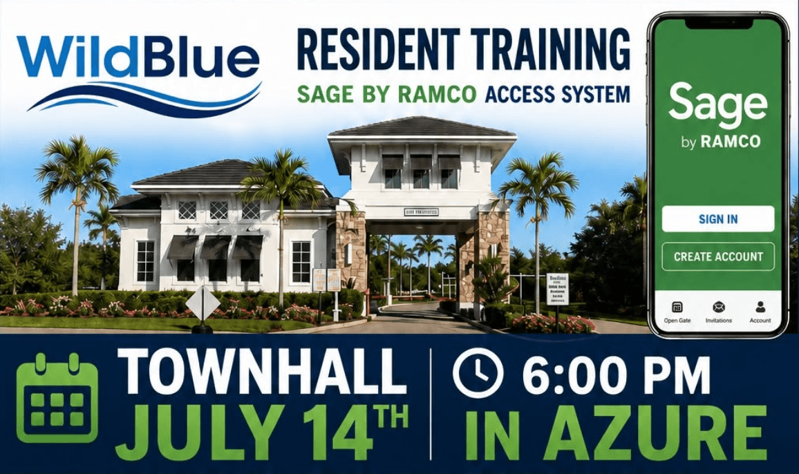 WildBlue resident training announcement for the SAGE by RAMCO access system town hall on July 14 at 6 PM in Azure